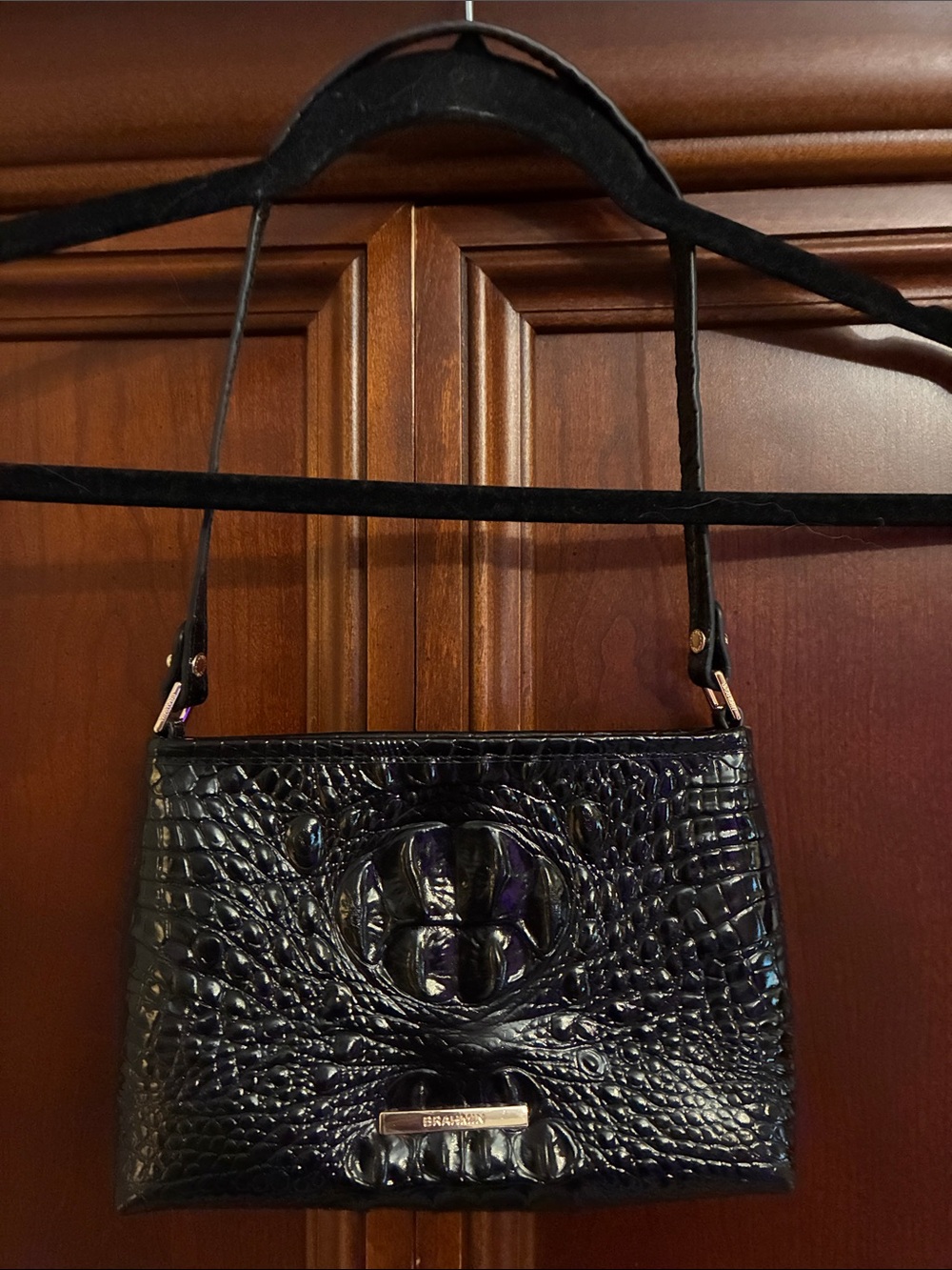 Brahmin Black Croc-Embossed Leather Shoulder Bag